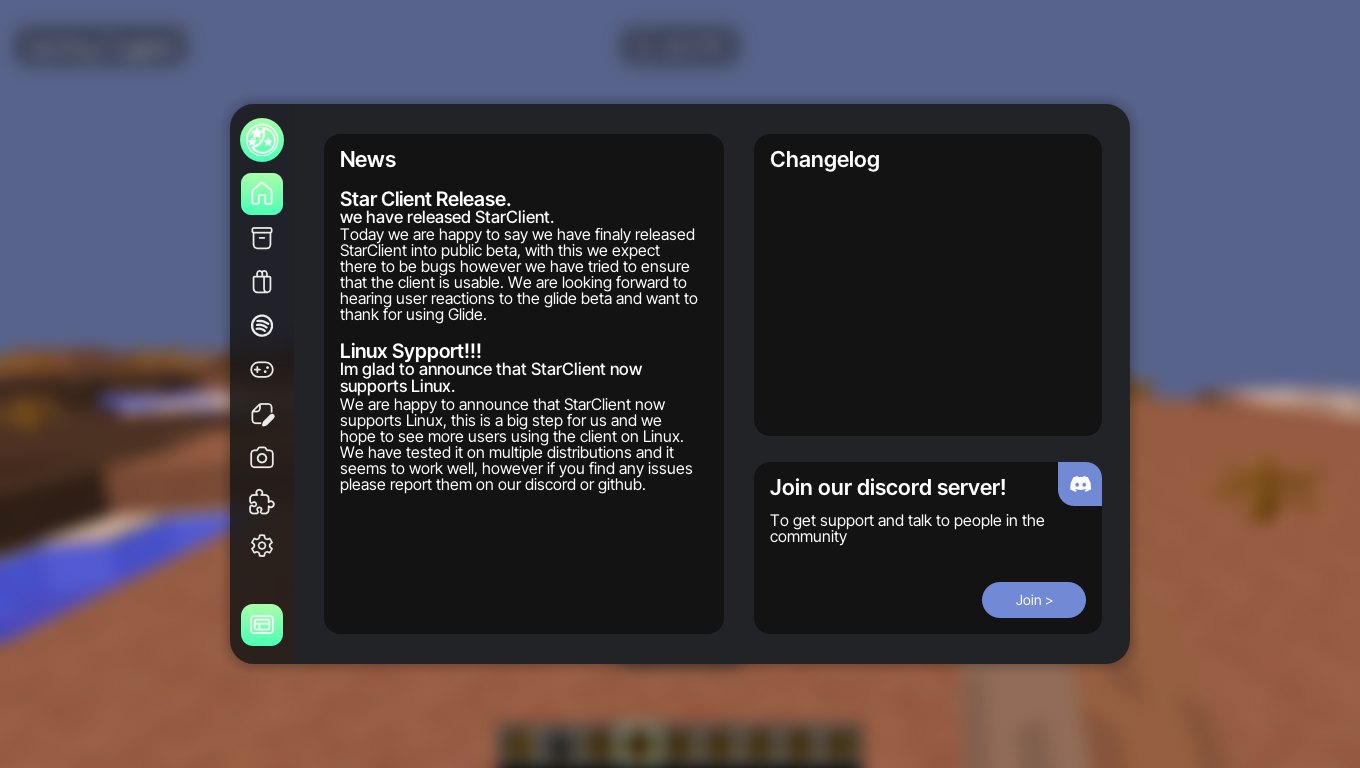 Screenshot do Star Client mostrando recursos e interface
